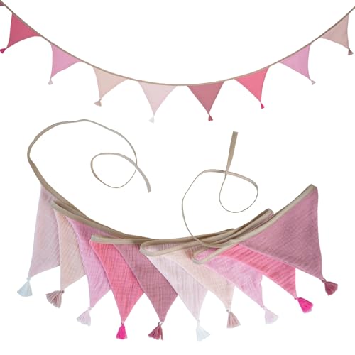 LUMOOM - Guirnalda de banderines para habitación infantil, 2,6 m, guirnalda decorativa para habitación infantil, tela de gasa de algodón, decoración para niñas y niños (rosa)