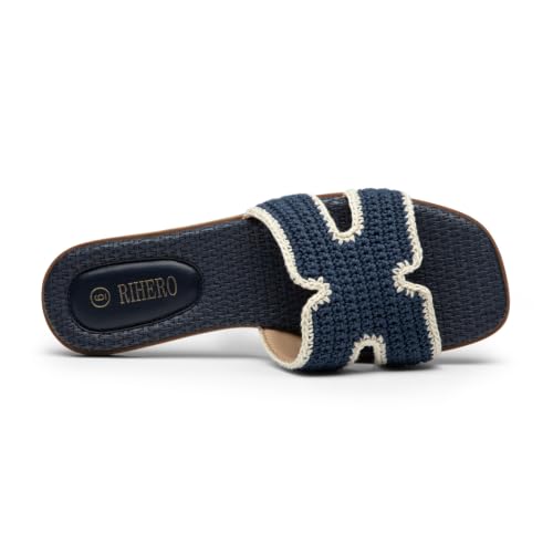 Rihero Flat Sandals for Women Dressy Summer Slip On Square Open Toe Navy Beach Vacations Slide Sandals with Crochet Upper Size 6 — view 6