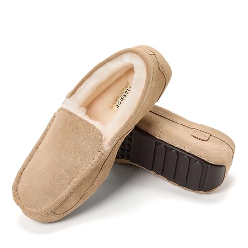 Image of Fireside By Dearfoams Men's Melbourne Genuine Shearling Moccasin Slippers, Memory Foam Sudede Loafers Slip-in House Shoes