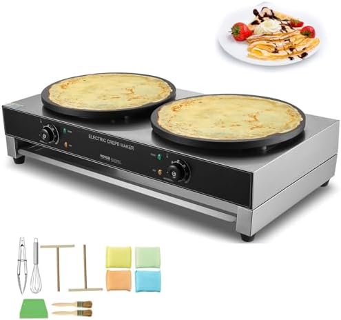 VEVOR Crepera el&eacute;ctrica, m&aacute;quina comercial de crepes de doble cabezal de 16 pulgadas, plancha plana para crepes de 3400 W, crepera antiadherente de acero inoxidable