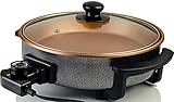 Ovente 12 Inch Electric Kitchen Skillet with Nonstick Aluminum Coated Grill Pan & Glass Lid Cover, Indoor Countertop Cooking Pan with Temperature Control & Handle Compact Easy Clean, Copper SK11112CO