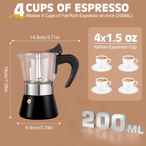 Image of Induction Moka Pot, 4 Cups (7.1 oz) Crystal Glass-Top & Stainless Steel Moka Pot, Classic Stovetop Espresso Maker, Black