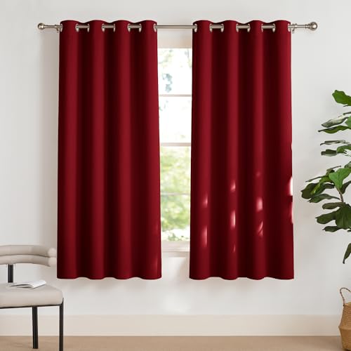 PONY DANCE Cortinas Dormitorio Cortas 2 Piezas Cortinas Opacas Termicas Aislantes Frio y Calor con Ojales para Habitacion Matrimonio, 140x175 cm, Rojo