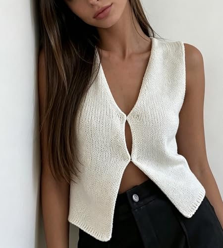 Image of Womens Vintage Knittd Tank Y2k Vest Crop Top Sleeveless V-Neck Open Front Button Crochet Knit Vests Versatile Tops