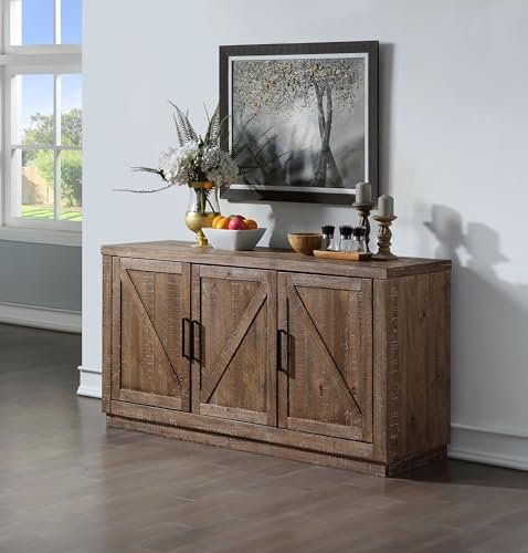 Steve-Silver-Furniture-Riverdale-Server-Modern-RanchRustic-Design-65-L-Buffet-Server-Barn-Style-Doors-Two-Shelves-for-Storage-Three-Doors-Plinth-Base-195-D-x-65-W-x-34-H-Brown Steve Silver Furniture Riverdale Server Modern RanchRustic Design 65 L Buffet Server Barn Style Doors Two Shelves for Storage Three Doors Plinth Base 195 D x 65 W x 34 H Brown