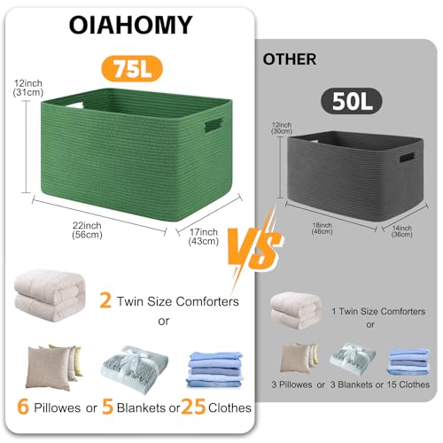 Image of OIAHOMY 75L Large Blanket Basket, Woven Cotton Rope Baskets for Organizing 22 inchx17 inchx12 inch, Blanket Basket living Room, Toy Storage Bins for Nursery, Green