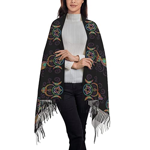 Bagea-Ka Wicca Wiccan Triple Moon Gaia Pattern Scarf Long Shawl Wraps Pashmina for Women Girls with Tassels Soft Warm Cozy