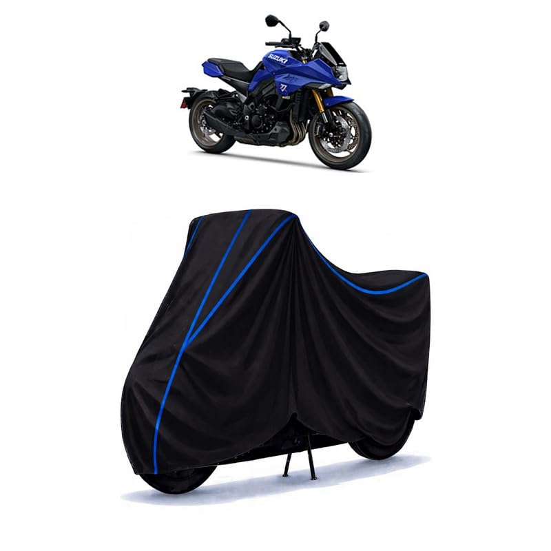 Image of Suzuki Katana STD Bike Cover Water Resistant Universal Motorcycle Rain | Heavy Duty UV Protection, Dust, Scratch Indoor Outdoor All Weather with Black Blue Piping Elastic