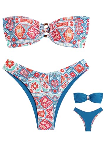 Image of ZAFUL Women's Bandeau Bikini O Ring Strapless Tie Back High Cut Two Piece Swimsuit Bathing Suits