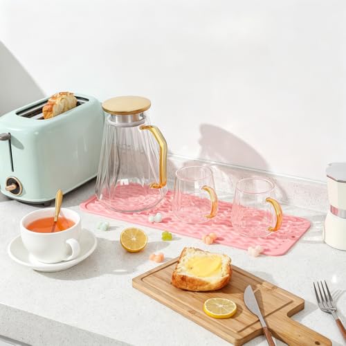 Image of 2 Pack Caketime Silicone Dish Drying Mat for Kitchen Counter Under Sink Organizer Near Bathroom Faucet Pad for Stove Top Placemats Soap Holder Stone Dryer Women Essentials Must Haves 17 inchx6 inch Pink
