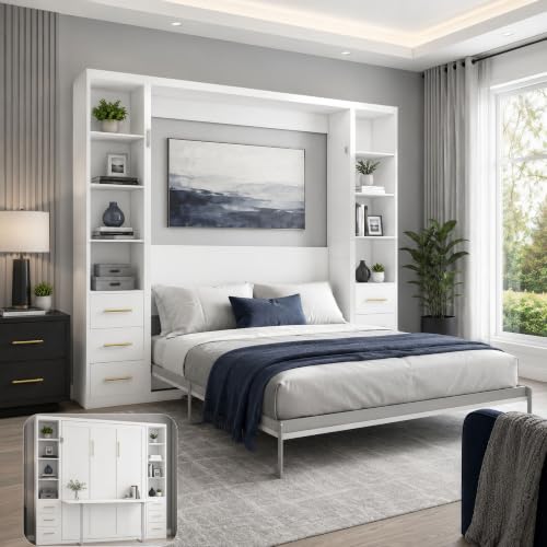 MLZTINGR Queen Murphy Bed with Desk, Space Saving Wall Bed and Side Storage