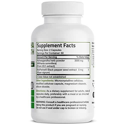 Bronson Ashwagandha Extra Strength 3000 Mg Stress & Mood Support With Bioperine - Non Gmo Formula, 120 Vegetarian Capsules #TOP1