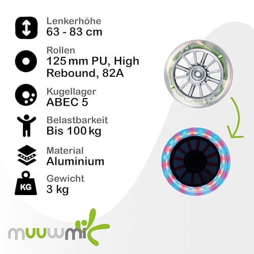 muuwmi Aluminium Scooter Neon - 125 mm R&auml;der - ABEC 5 Lager - H&ouml;henverstellbarer Lenker - Geeignet f&uuml;r Kinder - GS-Zertifiziert - Bis zu 100 kg - mit Leuchtrollen - Tretroller in gr&uuml;n-schwarz