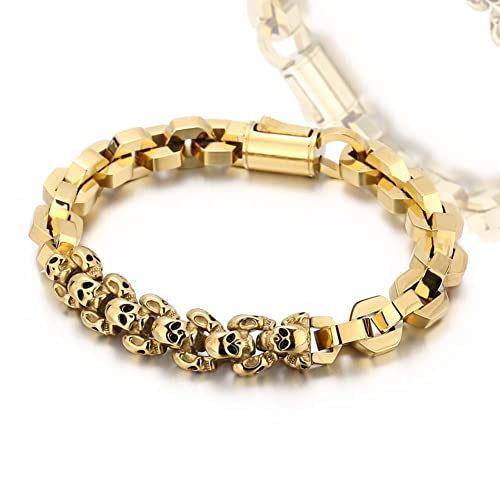 FANDAO Pulsera de Cadena de Eslabones de Calavera Poligonal para Hombre, Fundición Artesanal Joyería de Moda Vintage con Diseño de Hebilla de Inserción para Regalos de Joyería para Novio,Oro Cover