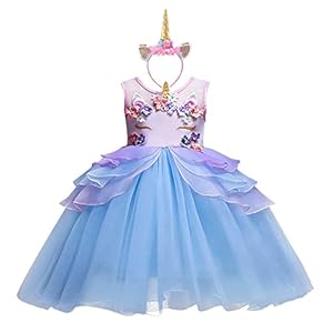 FMYFWY Vestido de Unicornio de Niña Tutú Princesa Cumpleaños Sin Mangas Disfraz de Carnaval Halloween Traje de Cosplay Navidad Bautizo Comunión Boda Fiesta para Chicas con Diadema