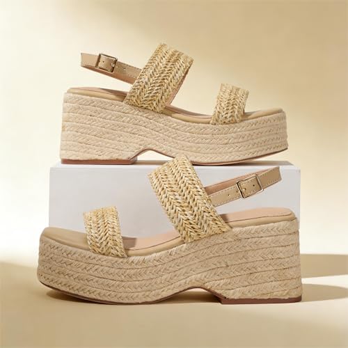 Image of EQAUDES Platform Sandals Women Open Toe Ankle Strap Summer Wedge Espadrille Sandals Cute Beach Straw Raffia Woven Sandals Comfortable Vacation Dress Shoes