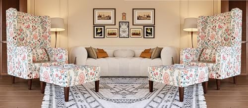 Image of WELL KNOWN Wooden Set of 2 Wing Chair with Ottoman | Wingback Chair for Living Room | Home Decor Furniture (White with Floral Pattern- 2)
