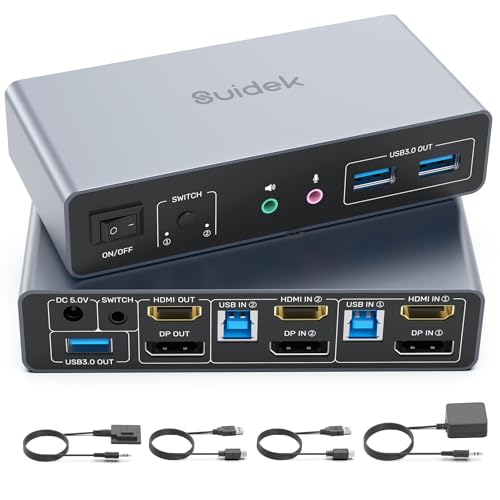 SUIDEK HDMI+Displayport KVM Switch, KVM Switch 2 Computers 2 Monitors 4K@60Hz Dual Monitor for 2 PC, 3 USB 3.0 Ports Support Extended/Mirror Mode with Desktop Controller&2-USB Cables&Power Adapter