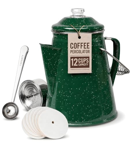 Image of Toughty 12 Cup Enamel Coffee Percolator, Camping Stovetop Coffee Pot, Green