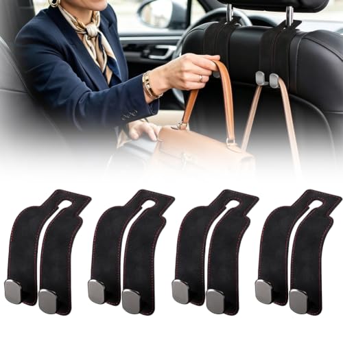 Image of Car Seat Back Organizer, Twinhook Leather Car Headrest Organizer (4, Black) | Heavy Duty Car Seat Holder for Purses and Bags, Car Purse Hanger with Dual Hooks for Travel