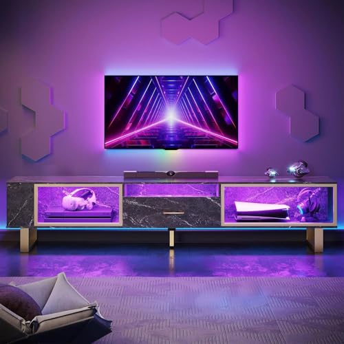 Bestier 80 Inch TV Stand for 65/75/85/90 Inch TVs, LED Gaming Entertainment Center for PS5 with Open Storage and Drawer, Modern High Gloss Media Console for Living Room Bedroom, Black Marble