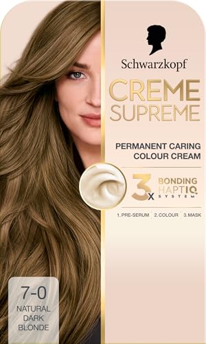 Schwarzkopf Creme Supreme 7-0 Natural Dark Blonde Permanent Hair Dye Caring Hair Dye Colouration with 3-Step Bonding System Against Damage 100% Grey Coverage