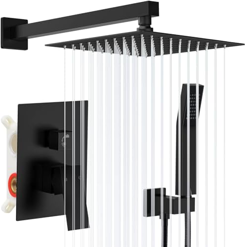 Qomolangma 10 inch Rain Shower System, Black Shower Faucet Set with Pressure Balance Valve, Wall...