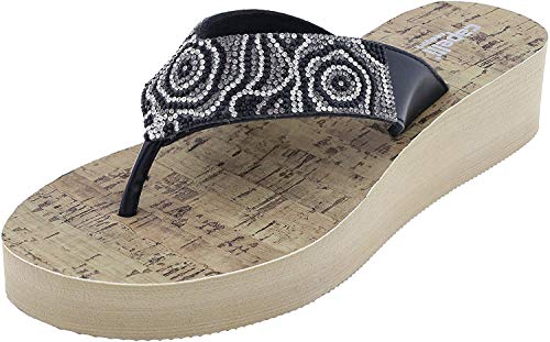 Capelli New York Ladies Flip Flops With Multi Rhinestones And Faux Cork Sock Black Combo 6 #TOP1