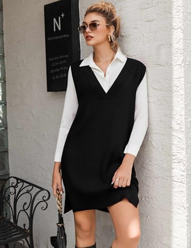 Zeagoo Women's V Neck Sweater Vest Dress Oversized Sleeveless Casual Pullover Sweater Fall Winter Knit Slit Short Dress3