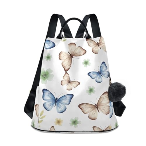 Mochila azul de mariposas con acabados premium y pompón decorativo
