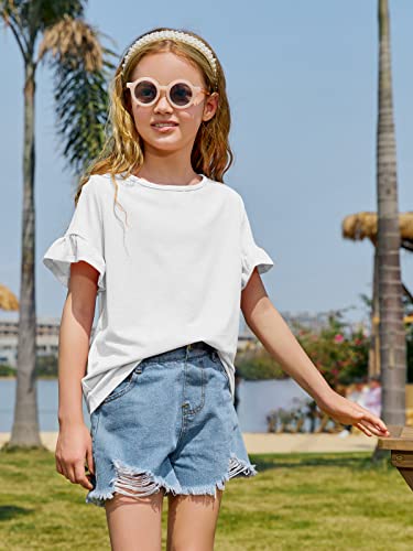 Kingdenergy Girls Summer Cute T Shirt Short Ruffle Sleeve Basic Soft Casual Plain Tunic Tops Tees Z-White #TOP3