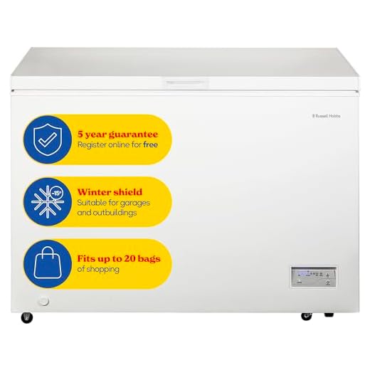 Russell Hobbs Free Standing Chest Freezer, 300 Litres, Low Noise, Garage Safe, Counterbalance Lid, Front Drain Hole, 1.8m Cord, Castor Wheels, 5 Year Registered Guarantee White, RH300CF201W