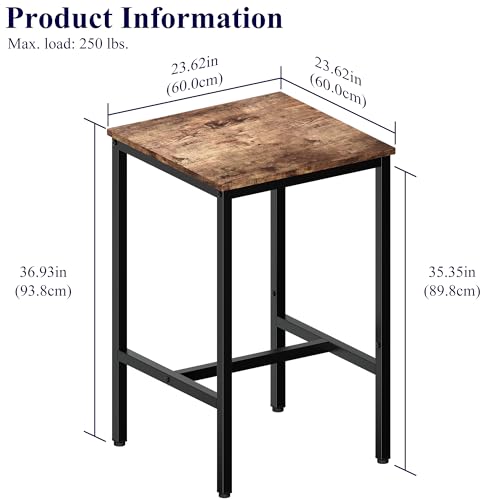 Lutown-Teen Square Bar Table, High Top Table - Industrial Metal Frame for Small Spaces & Narrow Kitchens, 23.6x23.6x36.9 in (LxWxH), Easy Assembly, Rustic Brown and Black - Thumbnail 3