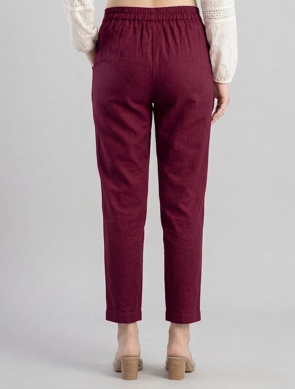 Image of Solid Cotton Woman Trousers Pants Regular Fit Kurti Pant with Drawstring Daily Office Formal Casual Use