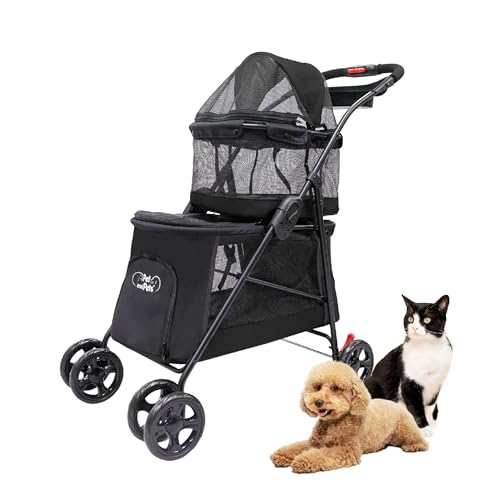 Double Decker Pet Stroller - Black: Dual Bassinets for Multiple Pets, Removable Pee Pads, Adjustable Leashes, Mesh Windows, Swivel Wheel, One-Hand Fold, Lightweight, for Small/Medium Dogs/Cats/Pets