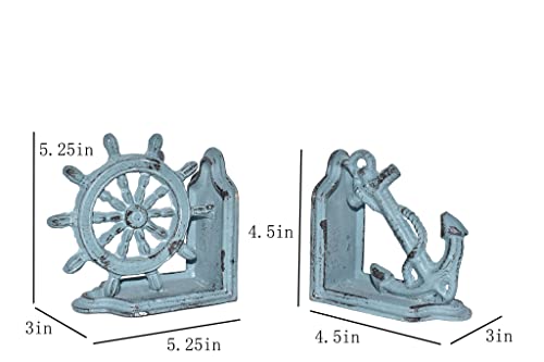 Juconsin Anchor Bookends, Antique Blue Nautical Ship Wheel And Anchor Decorative Bookends Set, Heavy Duty Cast Iron, Cute Bookends For Office Home Desk Bookrack Shelves #TOP1