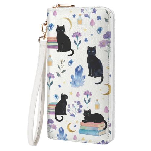 Chelmon Women's Vegan Leather Clutch Wallet with Zip, Hand Strap, Large Capacity, Bookish Black Cats