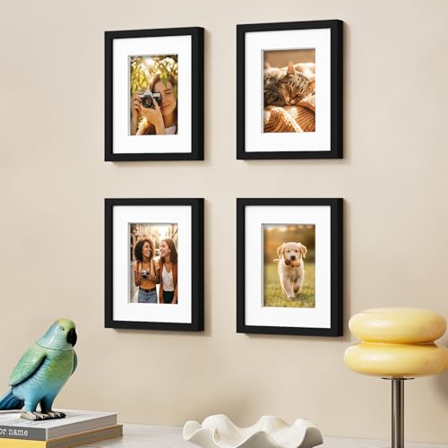 Vittanly Solid Wood 8x10 Picture Frame Set of 4, Picture Frames for Wall or Tabletop, Display 5x7 Photos with Mat or 8x10 without Mat, Black — view 3