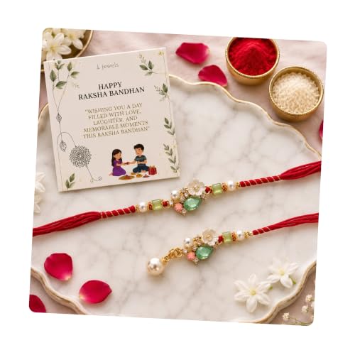Image of I Jewels Traditional Floral Pearl Bhaiya Bhabhi Rakhi Combo with Lumba Rakhi Roli Chawal & Raksha Bandhan Card for Brother Bhabhi (R508CO)
