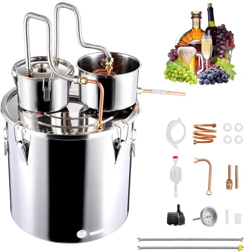 VEVOR Alcohol Still, 3 Gal / 11 L Stainless Steel Water Alcohol Distiller with Copper Coil for Fast Cooling, Dual Condenser Distiller Kit with Secondary Distillation, for Wine Whisky Brandy, Silver