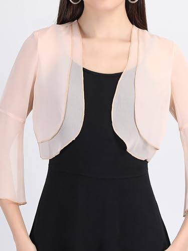 Image of AOL Women's Cropped Layered Lightweight Sheer Three-Fourth Bell Sleeves Georgette Open Neck Shrug Bolero