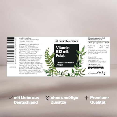 Vitamin B12 – 180 vegane Tabletten für 6 Monate – 500µg Vit B12 und 200µg Folsäure pro Tagesdosis – hochdosiert, ohne unnötige Zusätze – in Deutschland produziert & laborgeprüft