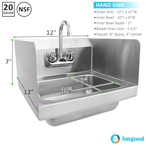Image of AmGood Stainless Steel Wall Mount Hand Sink | NSF | Commercial Hand Washing Basin For Restaurant, Kitchen and Home (12 inch x 12 inch with Sidesplash)