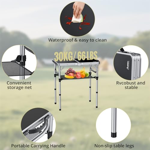Anbte Mesa Plegable de Camping 58x40x26/48/67cm con Red de Almacenamiento, Mesa Plegable Aluminio de 3 Alturas Ajustables, Ligera y Portátil, para Camping, Pesca, Picnic, Playa,Exterior,Plata - imagen 4