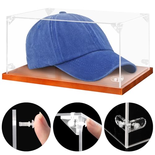 Image of Hooqict Hat Display Case Acrylic Clear Full Size Baseball Hat Case Display Holder Stand with Solid Wood Base UV Protected for Ball Cap Storage Organizer Sports Collections Memorabilia