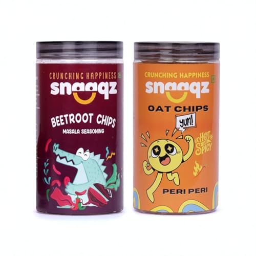 Image of Snaaqz Beetroot Masala Chips, Peri Peri Oat Chips Combo | Pack of 2 | 150g Each | High Protein | Baked & Crunchy | Natural Ingredients | Low Calorie | Healthy Vegetable & Oat Chips for All Ages