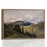 Framed Vintage Mountain Landscape Canvas Wall Art Rustic Farmhouse Pine Tree Picture Print Countryside Cabin Painting with Snowy Alps View Nature Wall Decor for Living Room Office12x16Inches