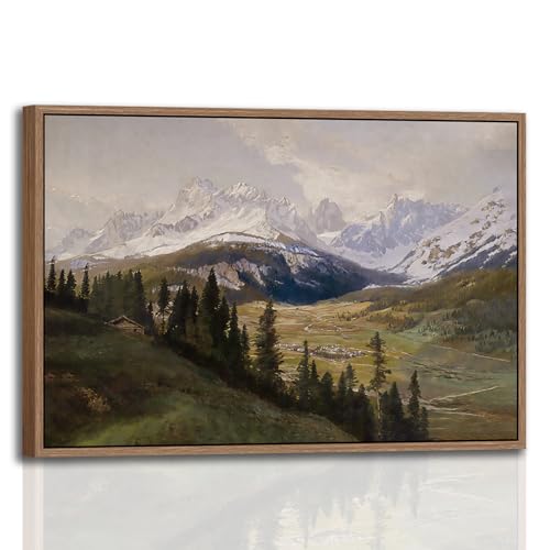 Framed Vintage Mountain Landscape Canvas Wall Art Rustic Farmhouse Pine Tree Picture Print Countryside Cabin Painting with Snowy Alps View Nature Wall Decor for Living Room Office12x16Inches