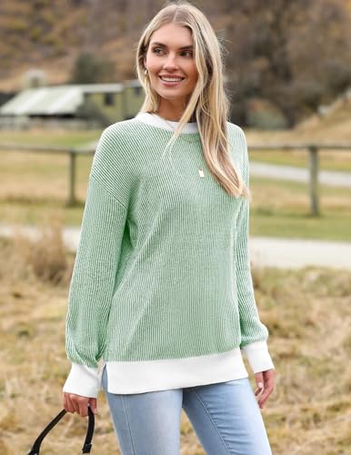 Image of Zeagoo Women 2026 Fall Lightweight Oversized Sweater Crew Neck Long Sleeve Color Block Pullover Rib Knit Blouse Tops XS-2XL