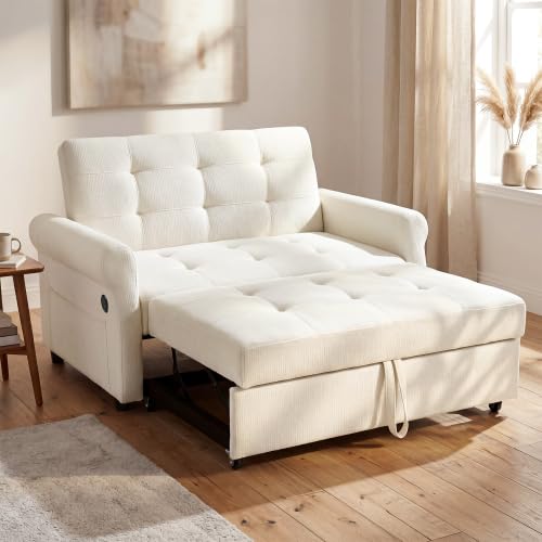 Image of Merax Convertible 2 Seater Sofa Bed, Pull Out Sleeper Sofa with Side Storage Pocket and Rolling Castors, Fold Out Guest Bed, Space Saving Loveseat for Small Apartment, Off White